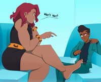 drawing giantess black_hair color toes green_eyes sweat red_hair dress mini_giantess sitting muscles pants dark_skin thighs jacket earrings belt bracelet dialogue looking_at_tiny dc_comics bare_legs rtuenuik2 jimmy_olsen my_adventures_with_superman hair_covering_eye