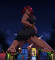 breasts drawing giantess giga city mega blonde black_hair color blue_eyes toes barefoot skirt buildings helicopter giganta red_hair kneeling supergirl muscles night metropolis costume superman earrings top ripped_clothing looking_behind leopard_print spotlight looking_at_tiny dc_comics bare_legs bare_midriff jimmy_olsen lexcorp bigchipher66 my_adventures_with_superman hair_covering_eye Mega