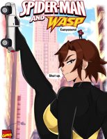 breasts drawing giantess city mega color large_breasts buildings brunette brown_eyes short_hair sitting mask vehicles avengers costume earrings dialogue janet_van_dyne spider-man on_head marvel_comics the_wasp peter_parker inchhighjedi Mega skates