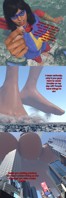 breasts giantess giga city mega black_hair large_breasts long_hair destruction handheld toes barefoot buildings spaceship foot_crush mask dark_skin costume point_of_view bracelet dialogue imminent_crush debris scarf pinched looking_at_tiny digital_render ms_marvel marvel_comics kamala_khan harbingerinfinit Mega Destruction