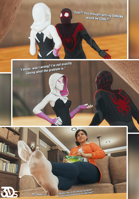 breasts micro comic black_hair jeans socks sitting popcorn unaware table shrunken_woman shrunken_man mask pants dark_skin indoors costume milf shirt sofa latina dialogue hands_on_hips legs_crossed hood digital_render gwen_stacy miles_morales spider-man spider_gwen rio_morales js3ds spider-gwen marvel_comics