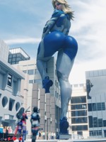 breasts giantess city black_hair butt blue_eyes buildings asian street boots shorts reflection costume fantastic_four belt leotard x-men behind_view psylocke digital_render invisible_woman marvel_comics looking_at_tinies susan_storm jessicagts luna_snow marvel_rivals