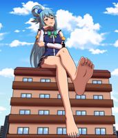 breasts drawing mega color blue_eyes toes barefoot skirt buildings anime blue_hair ponytail sitting dark_skin clouds sitting_on_building looking_at_tiny on_knee bare_legs bigchipher66 Mega giantess
