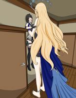 breasts horns blonde black_hair long_hair handheld toes barefoot yellow_eyes gloves dress mini_giantess shorts indoors belt looking_at_tiny pointed_ears giantess