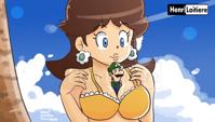 giantess bikini breasts drawing color blue_eyes cleavage brunette unknown_artist shrunken_man luigi super_mario clouds hat earrings princess_daisy looking_at_tiny between_breasts Cleavage