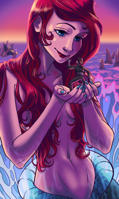 giantess breasts drawing mega color long_hair blue_eyes handheld water ocean wet brunette mermaid smiling red_hair waves pants jacket sunset disney ships ariel the_little_mermaid looking_at_tiny convenient_censorship treasure_planet Mega Disney iesnoth jim_hawkins