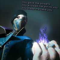 breasts giantess black_hair short_hair shrunken_man mask magic jacket rings dialogue no_background looking_at_tiny digital_render molchim dishonored emily_kaldwin outsider