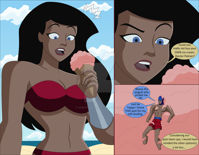 bikini breasts drawing comic black_hair color large_breasts long_hair blue_eyes beach cleavage water ice_cream surprised shorts shrunken_man mask clouds food_play wonder_woman belt atom bracelet dialogue justice_league bare_legs nightcore100 bare_midriff Cleavage dc_comics