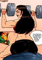 giantess butt entrapment dc_comics big_barda mister_miracle breasts drawing black_hair color long_hair sweat sitting muscles shorts shrunken_man weights mask thighs lifting cape top headband dialogue weight_lifting bare_legs cutaway bare_midriff clothing_entrapment excercise guireyart10