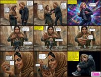 blonde comic handheld shrinking story shrunken_woman cruel revenge interracial hijab ai_art queencontrol Ai_art pakistani city black_hair buildings dark_skin dialogue looking_at_tiny