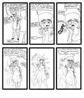 breasts drawing vore comic monochrome handheld glasses ponytail dress shrunken_man purse freckles dialogue bare_legs erxo Vore