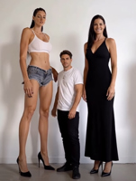 jeans gentle long_hair cleavage high_heels brunette smiling dress mini_giantess navel shorts women standing size_comparison top bare_midriff ai_art Cleavage Ai_art mother_daughter