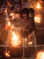 uniform breasts giantess city mega black_hair long_hair destruction rampage cleavage skirt buildings asian twintails airplane hand_crush vehicles night shirt black_nails digital_render bare_legs bare_midriff coolsoda3d Mega Destruction Cleavage