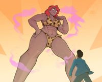 giganta breasts drawing giantess mega black_hair color bra green_eyes red_hair muscles abs pants dark_skin smoke thighs jacket point_of_view hands_on_hips leopard_print looking_at_tiny dc_comics loincloth bare_legs jimmy_olsen my_adventures_with_superman Mega elartistaesper