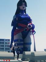 breasts giantess city black_hair long_hair butt blue_eyes buildings gloves asian red_hair boots shorts reflection costume earrings belt leotard hands_on_hips x-men black_widow psylocke digital_render bare_legs marvel_comics looking_at_tinies jessicagts luna_snow marvel_rivals