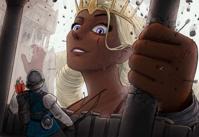 giantess drawing white_hair mega color long_hair armor destruction fantasy princess blood purple_eyes castle dress crown rain hand_crush dark_skin arrows helmet debris looking_at_tiny Mega Destruction lovethrupoke