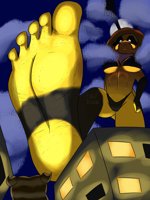 bikini drawing giantess feet city color barefoot buildings low_angle looming looking_down clouds under_foot point_of_view imminent_crush low_angle  Feet batzelchaos breasts mega moon night yellow_skin Mega