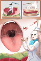 breasts blonde black_hair long_hair cleavage stockings brown_eyes short_hair hat earrings scarf Cleavage drawing giantess vore comic color tongue handheld saliva mawshot shrunken_woman food sandwich food_play ace_attorney dialogue imminent_vore food_entrapment cammy_meele Vore rhoda_teneiro mechcyrus