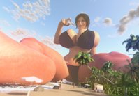 breasts giantess giga mega beach handheld cleavage water ocean huge_breasts brunette short_hair sitting jungle clouds thighs palm_trees ships lara_croft pinched yacht digital_render bare_legs bare_midriff Mega Cleavage tomb_raider Tomb_raider bikini swimsuit