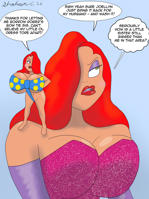 incest breasts drawing giantess color large_breasts barefoot cleavage green_eyes gloves red_hair dress jessica_rabbit disney dialogue on_shoulder no_background bare_legs makeshift_clothing Cleavage Disney joyllen zaidan