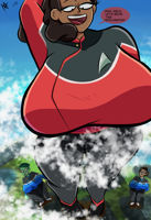 breasts drawing giantess giga mega alien comic black_hair color large_breasts water ocean huge_breasts multiple_sizes green_hair uniform star_trek giantesses dark_skin clouds thighs freckles dialogue hairband thick_thighs green_skin pointed_ears vulcan nanobros1 tendi orion beckett_mariner tlyn Mega