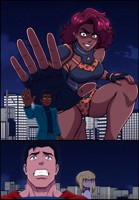 breasts drawing giantess city mega blonde comic black_hair color armor blue_eyes skirt buildings giganta gloves red_hair kneeling supergirl muscles reaching suit night metropolis costume superman earrings leotard leopard_print looking_at_tiny dc_comics bare_legs bare_midriff jimmy_olsen bigchipher66 my_adventures_with_superman Mega dark_skin