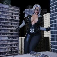 giantess white_hair city long_hair butt blue_eyes buildings mask night thighs choker costume catsuit belt zipper digital_render black_cat marvel_comics felicia_hardy lmaonee