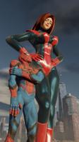 breasts giantess city mega large_breasts long_hair buildings gloves red_hair boots costume point_of_view giant_girl hands_on_hips looking_at_tiny digital_render spider-man marvel_comics peter_parker ci0 Mega