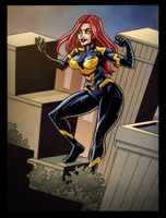 breasts drawing giantess city mega color large_breasts long_hair buildings green_eyes red_hair skyscraper bodysuit lipstick thighs costume trees mary_jane spider-man marvel_comics the_wasp fusion nikoalecsovich what_if ultimates Mega
