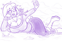 breasts drawing giantess blushing giga mega monochrome long_hair crossover cleavage water ocean huge_breasts shoes multiple_sizes island boots heart mountains pants clouds thighs sweater jacket disney necklace earrings on_shoulder gravity_falls pacifica_northwest the_owl_house luz_noceda infinitetesimal Mega Cleavage Disney