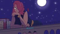breasts drawing giantess city mega black_hair color skirt buildings green_eyes smiling moon giganta red_hair dress dark_skin night costume superman cape bending_down stars leopard_print looking_at_tiny dc_comics bare_legs my_adventures_with_superman hair_covering_eye Mega call-me-cala bridge bracelet