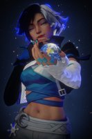 breasts giantess white_hair earth giga space black_hair handheld gloves asian shorts jacket costume closed_eyes top belt blue_nails cosmic_giantess marvel_comics bare_midriff jessicagts luna_snow marvel_rivals entropic_zero