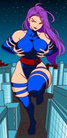 breasts drawing giantess city mega color large_breasts long_hair buildings purple_hair purple_eyes gloves asian boots night costume belt leotard stars x-men thick_thighs psylocke marvel_comics cupping_breasts potercolusgts Mega