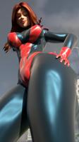 breasts giantess city mega large_breasts long_hair buildings green_eyes gloves red_hair mask thighs costume point_of_view giant_girl looking_at_viewer hands_on_hips on_shoulder digital_render mary_jane spider-man marvel_comics peter_parker ci0 Mega