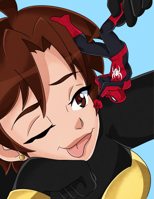 breasts drawing giantess mega color brunette brown_eyes smiling short_hair teasing mask dangle costume earrings winking no_background looking_at_tiny janet_van_dyne spider-man marvel_comics the_wasp peter_parker inchhighjedi Mega