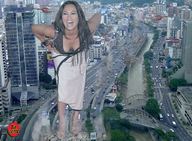 breasts giantess crush black_hair destruction high_heels helicopter bending_over leaning_forward