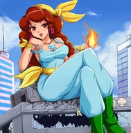 drawing giantess blushing city color long_hair destruction clothed cleavage mario brunette brown_eyes sitting fire earrings legs_crossed sitting_on_building captain_syrup wario_land sigurdhosenfeld