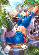 drawing gentle white_hair tail mega color long_hair yellow_eyes elf red_hair arseniquez sitting shrunken_woman cat_girl snake_girl sports_bra