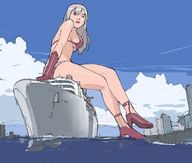 drawing giantess city color water high_heels shoes gloves sitting lingerie ships