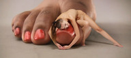 collage nude barefoot playful shrunken_woman dark_skin