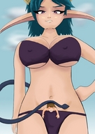 breasts drawing giantess panties tail color bra blue_hair shrunken_man panty_entrapment