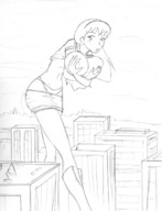 breasts drawing female giantess panties city mega anime topless supergirl ripped_clothing covering_breasts dc_comics