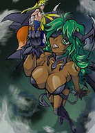 drawing giantess tail wings cleavage anime green_hair demoness