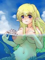 drawing giantess mega blonde color blue_eyes water anime huge_breasts topless barlio mermaid ships
