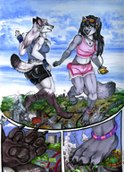 drawing giantess white_hair furry city mega black_hair color long_hair destruction dance husky paws foot_crush giantesses