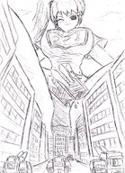 drawing giantess city monochrome destruction clothed anime huge_breasts military tank gym_uniform zaku333