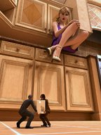 giantess blonde clothed high_heels scared ponytail shrunken_men tontoblackadder cheese kitchen giantesses digital_render