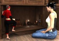 giantess nude feet black_hair barefoot jeans multiple_sizes ponytail shrunken_men sitting tontoblackadder dollhouse shrunken_woman giantesses digital_render