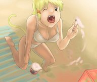 drawing vore tail blonde color swimsuit handheld barefoot cleavage pogojo shrunken_man open_mouth