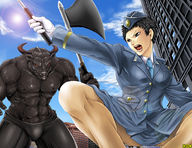 drawing giantess city anime drawing_collage omc police police_uniform uniform town minotaur